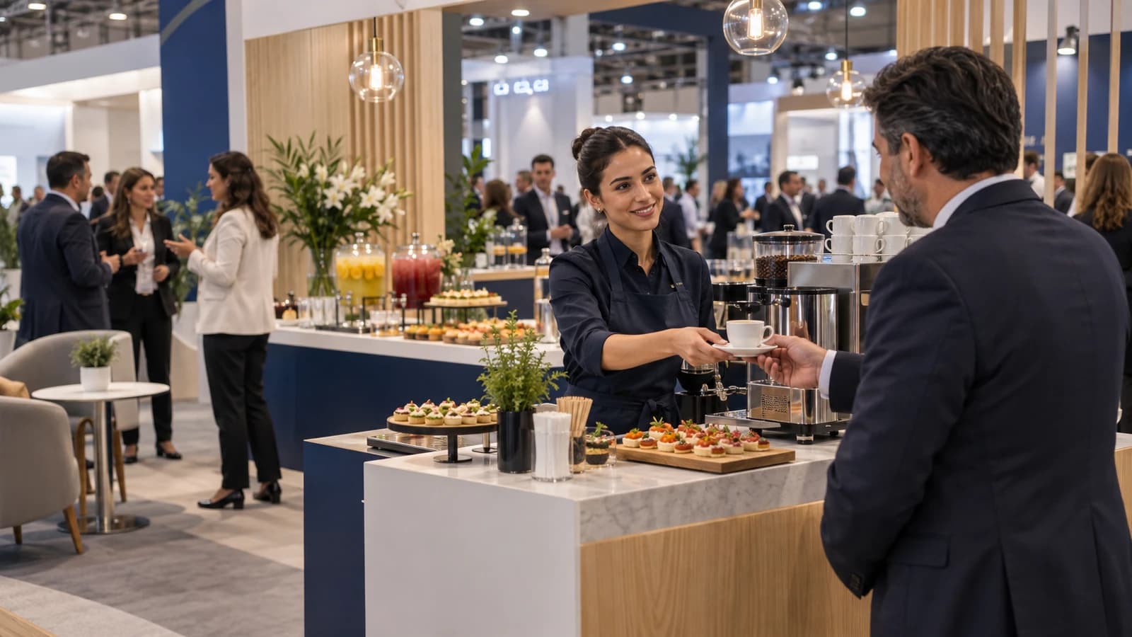 Modern fuar standında ziyaretçiye kahve sunulan, kanepeler ve alkolsüz içecek büfesi bulunan catering alanı
